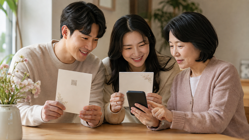 예비부부와 가족이 종이 청첩장과 모바일 안내를 함께 보며 전달 방법을 정하는 모습