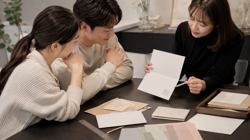 디자이너와 예비부부가 청첩장 시안의 QR코드 배치와 여백을 확인하는 모습