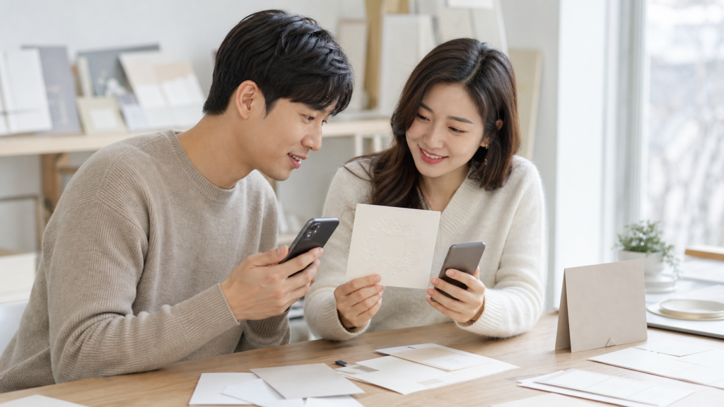 예비부부가 종이 청첩장 시안의 QR코드 위치와 휴대전화 스캔 장면을 확인하는 모습