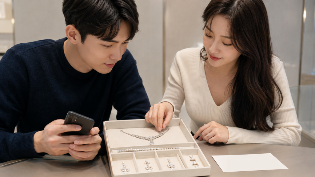 예비부부가 수령한 주얼리의 상태와 구성품을 상담자와 함께 기록하는 모습