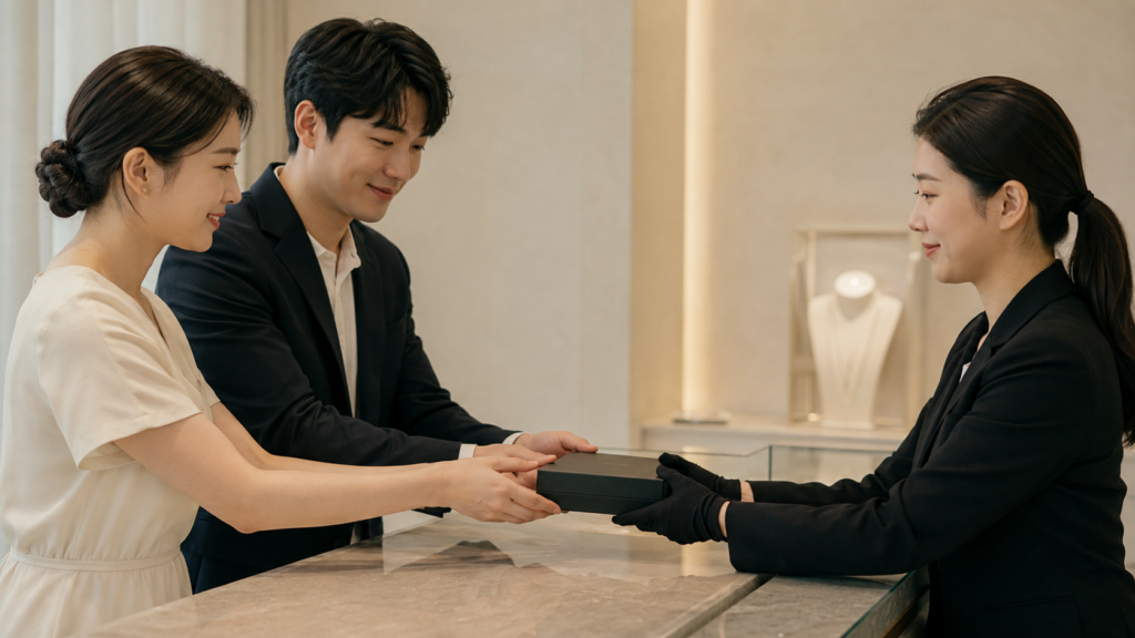 예비부부가 주얼리 케이스를 상담자에게 반납하며 인계를 확인하는 모습