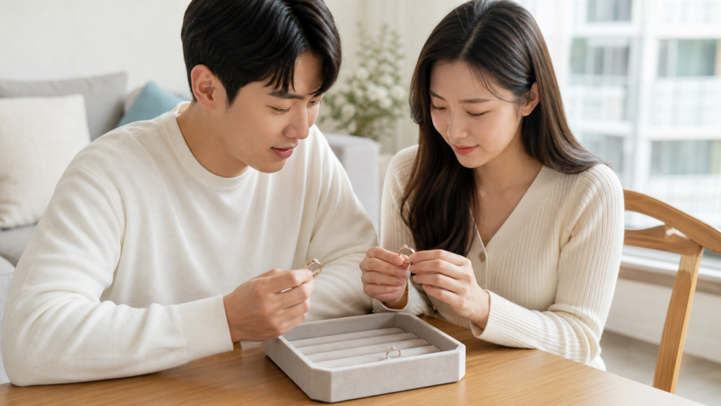 예비부부가 집에서 결혼반지를 눈으로 살펴보는 모습
