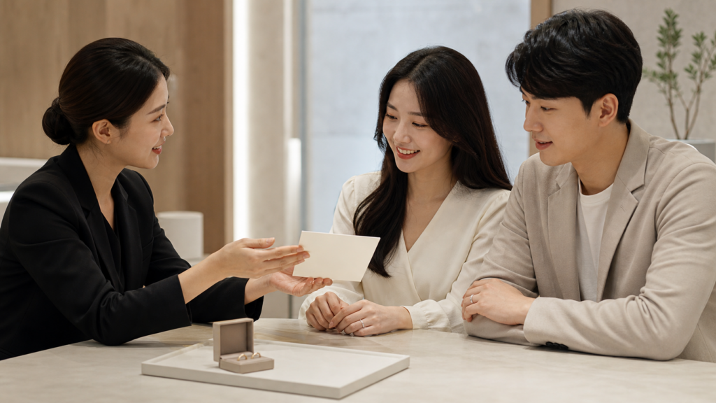 주얼리 상담자가 예비부부에게 결혼반지 관리 안내를 전달하는 모습