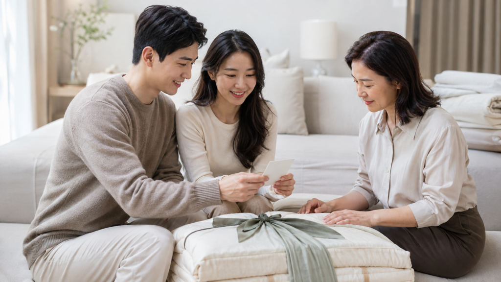 예비부부와 가족이 포장한 예단 이불과 빈 카드로 전달 준비를 확인하는 모습