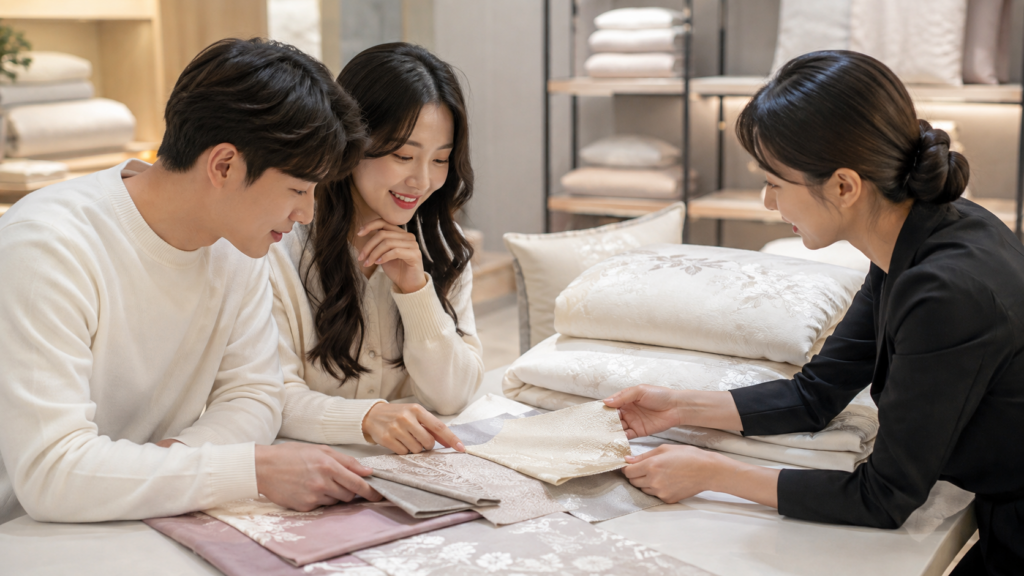 예비부부와 침구 상담자가 예단 이불 원단과 마감의 질감을 함께 확인하는 모습
