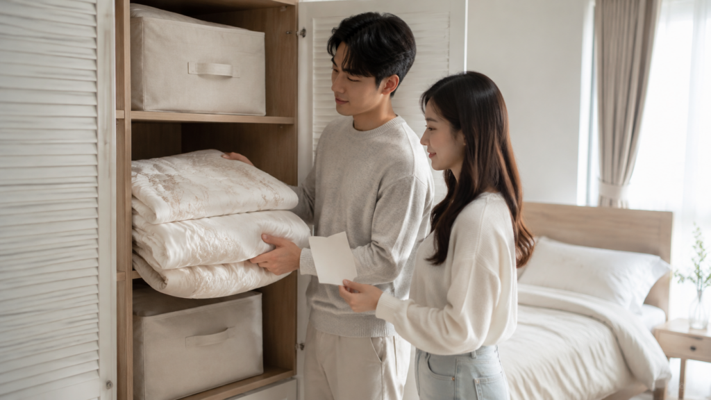 예비부부가 접은 예단 이불과 보관함을 신혼집 수납공간에 맞춰 확인하는 모습