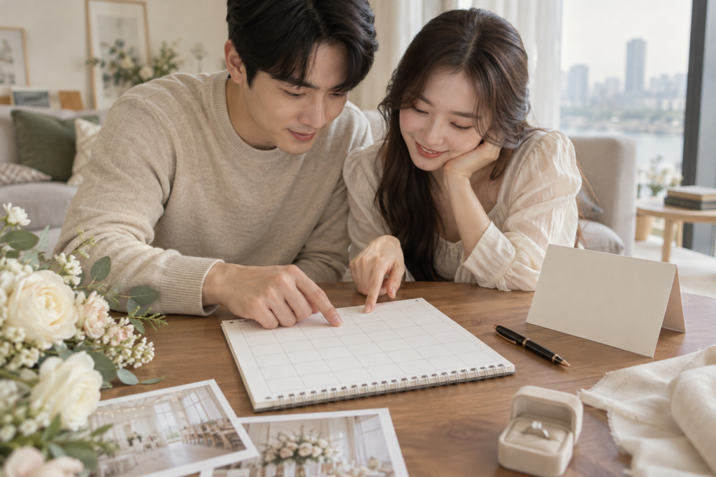 예식일 달력과 계약 날짜를 함께 대조하는 모습