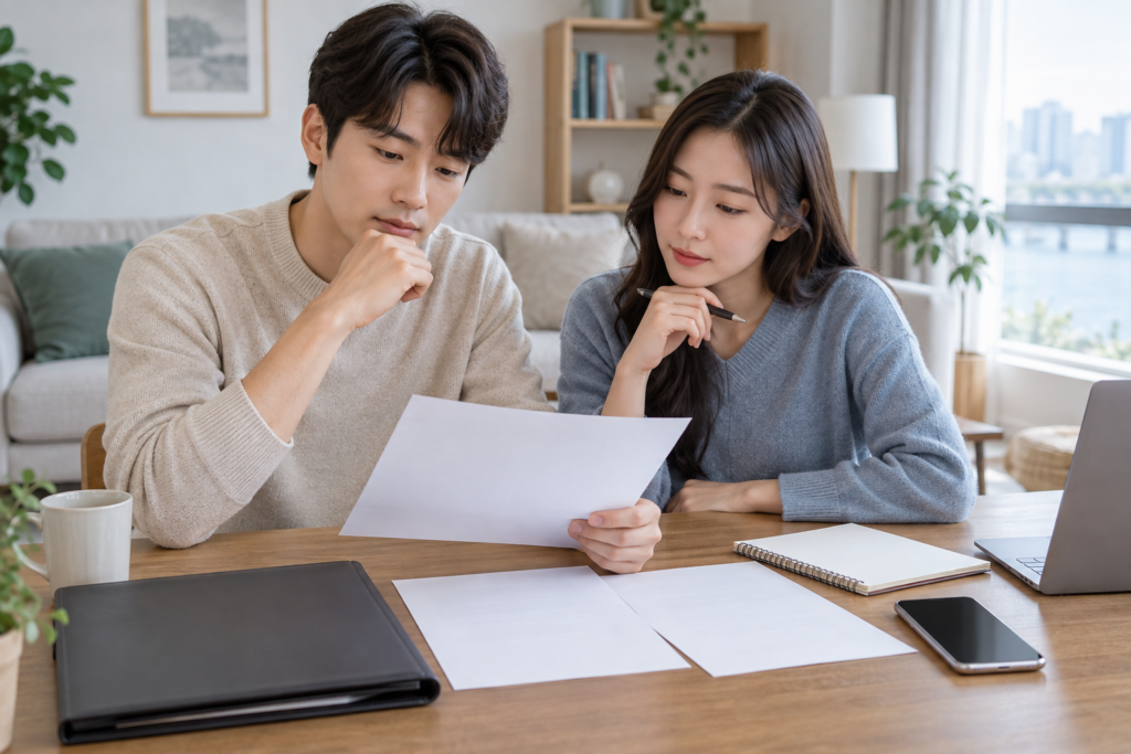 상담 전 계약서와 문자 기록을 정리해 두는 모습