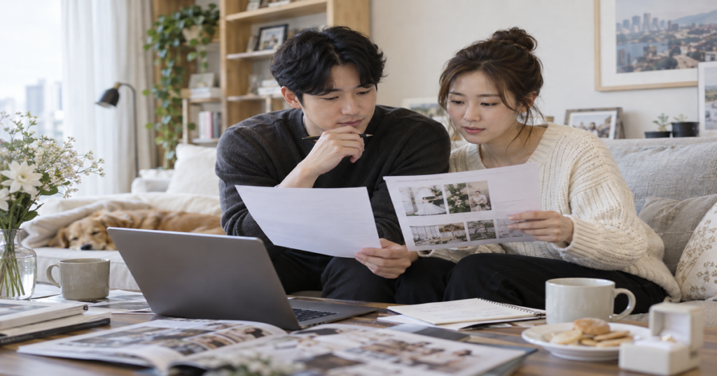 예비부부가 견적서와 계약 조건을 차분히 읽으며 확인하는 장면