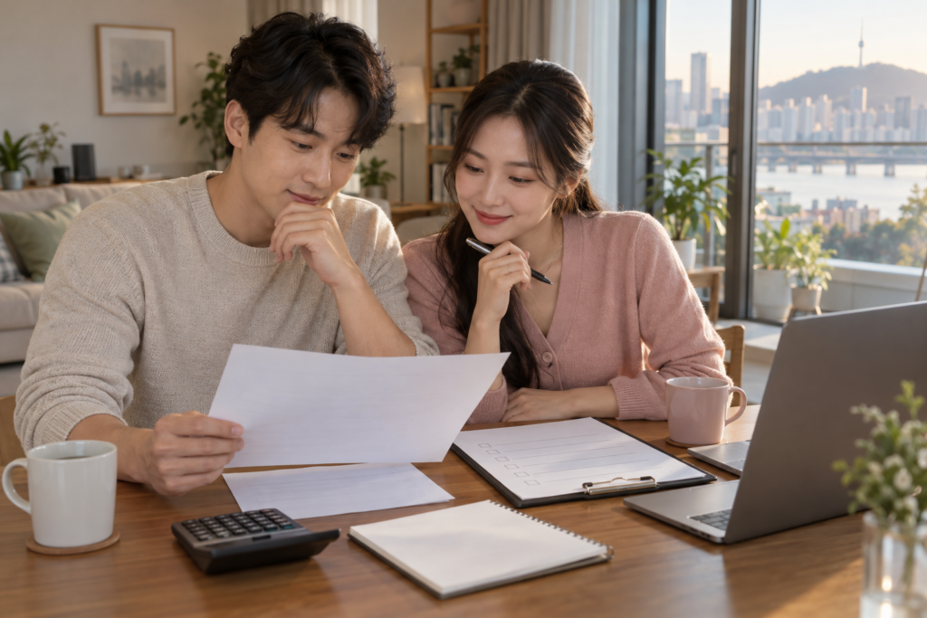부부가 소득자료와 세대 정보를 항목별로 확인하는 장면