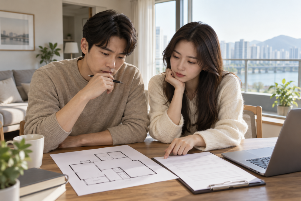 전셋집 도면과 등기 관련 서류를 살펴보는 신혼부부