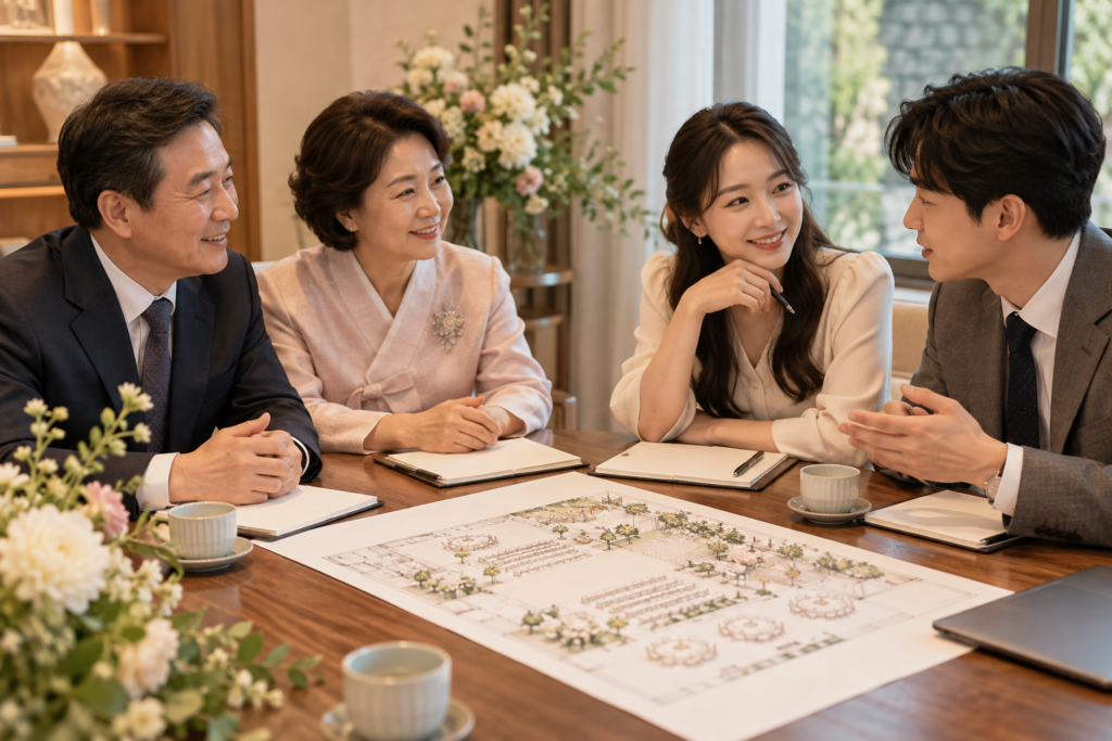 신랑신부와 양가 부모가 결혼식 일정표를 함께 논의하는 모습