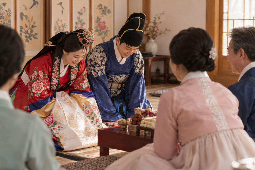 한복을 입은 신랑신부가 가족 어른께 인사하는 장면