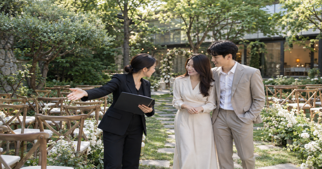 두 사람이 예식 장소의 좌석과 하객 이동 동선을 확인하는 장면