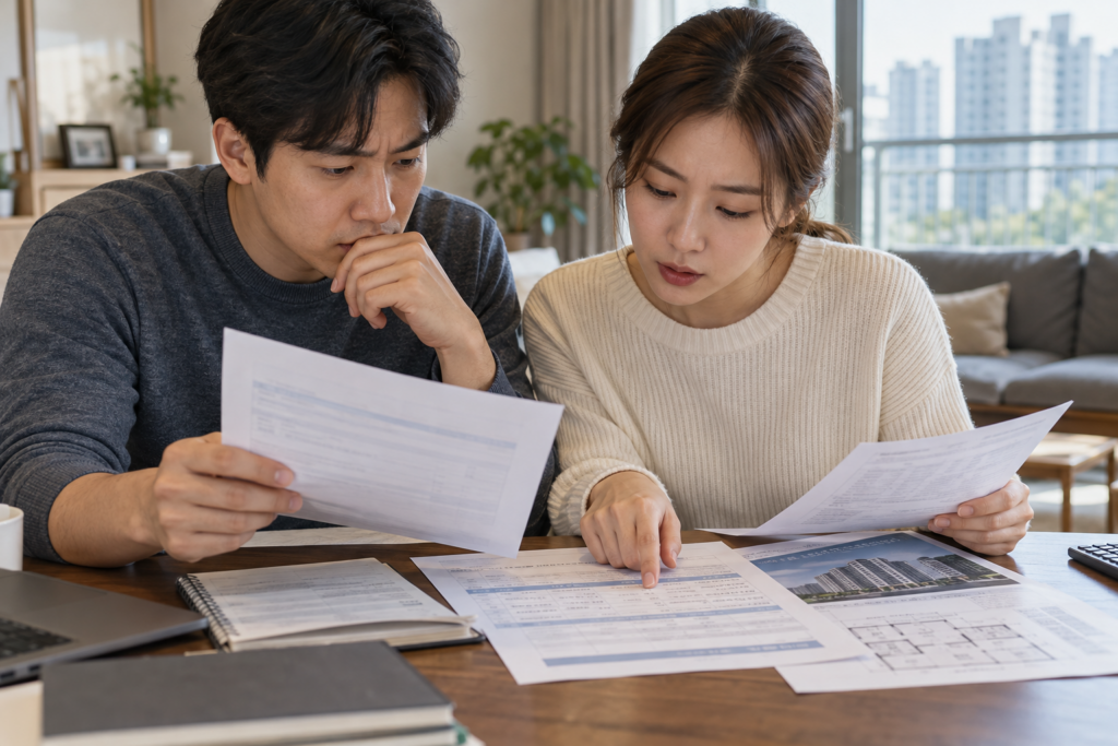 신혼부부가 신청 서류와 온라인 신청 전 확인 항목을 정리하는 장면