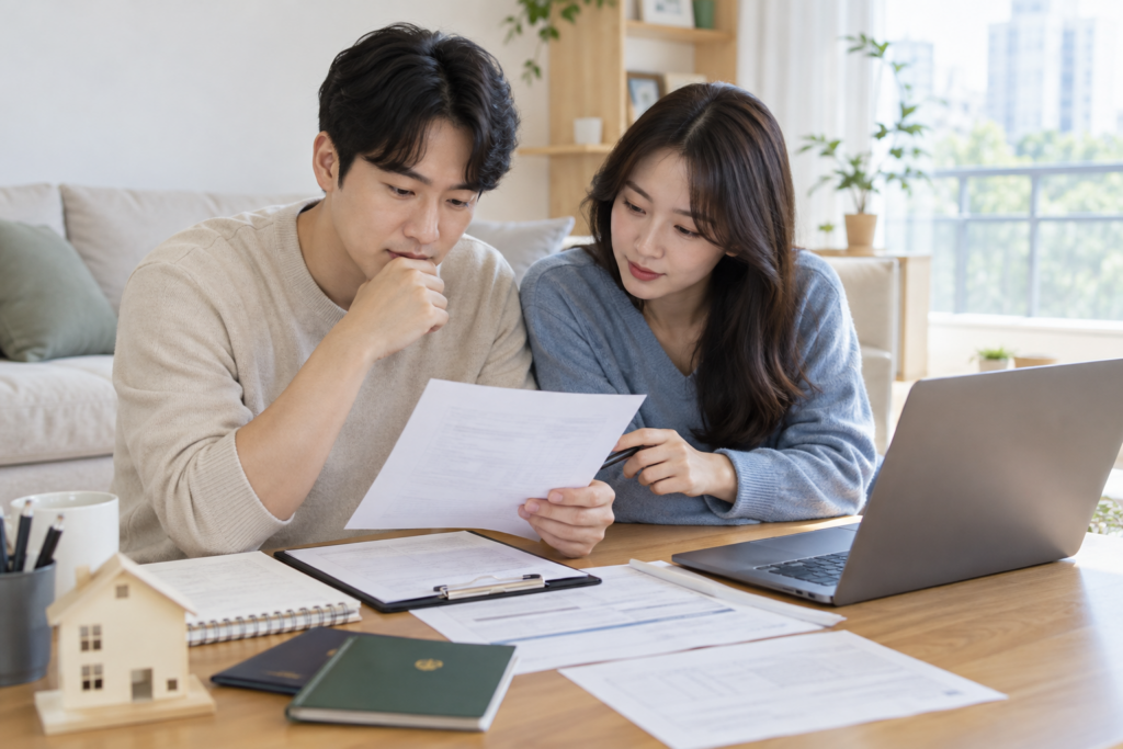 부부가 혼인 및 세대 확인 자료를 비교하는 장면